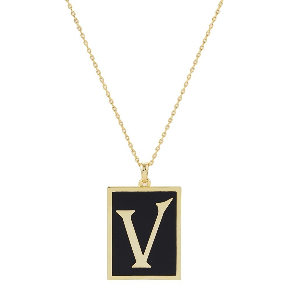 Black and Gold V Monogram Pendant Rectangle Frame Chain Necklace Initial Jewelry